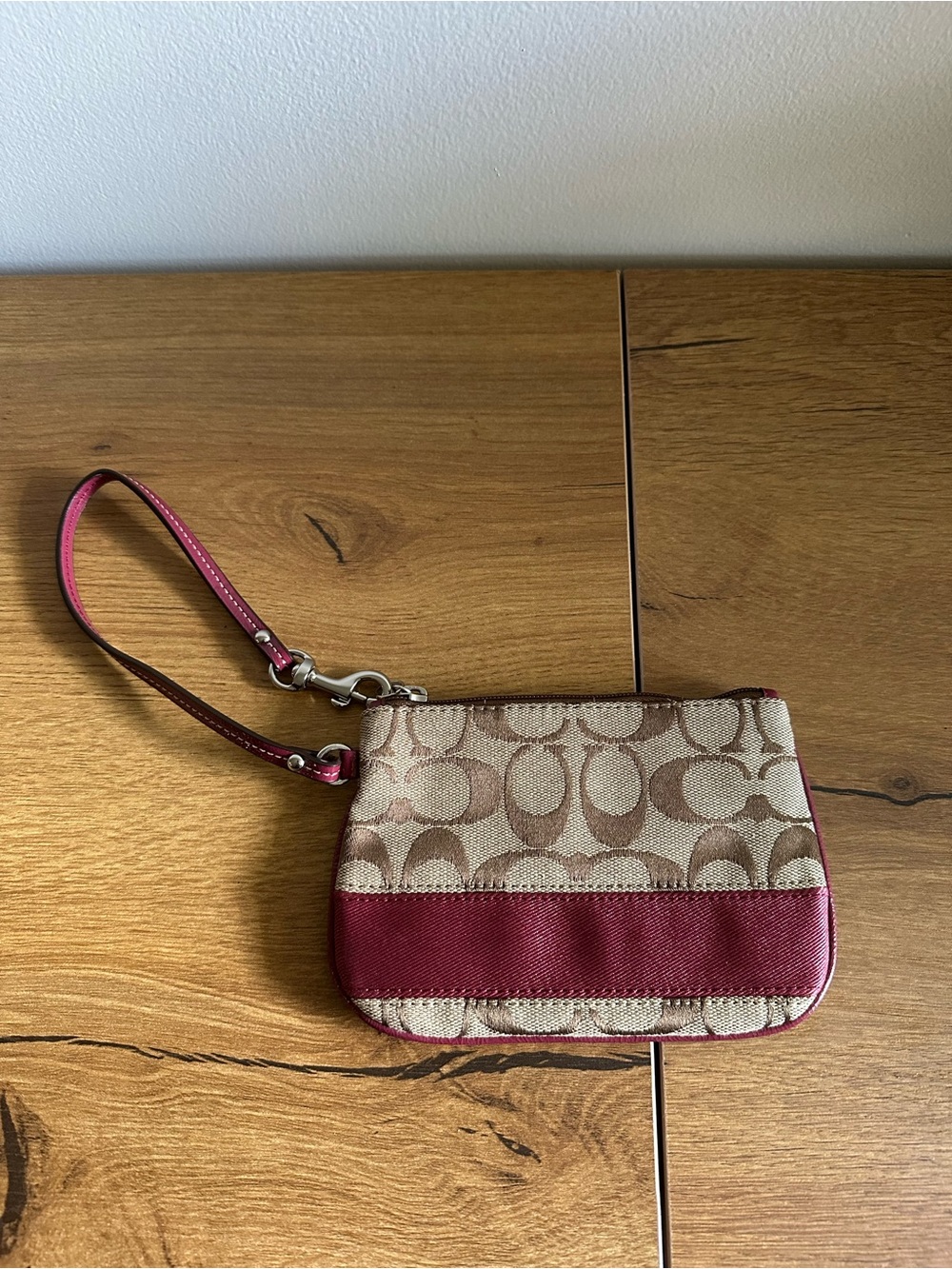Coach Beige Signature Canvas Wristlet with Pink Trim